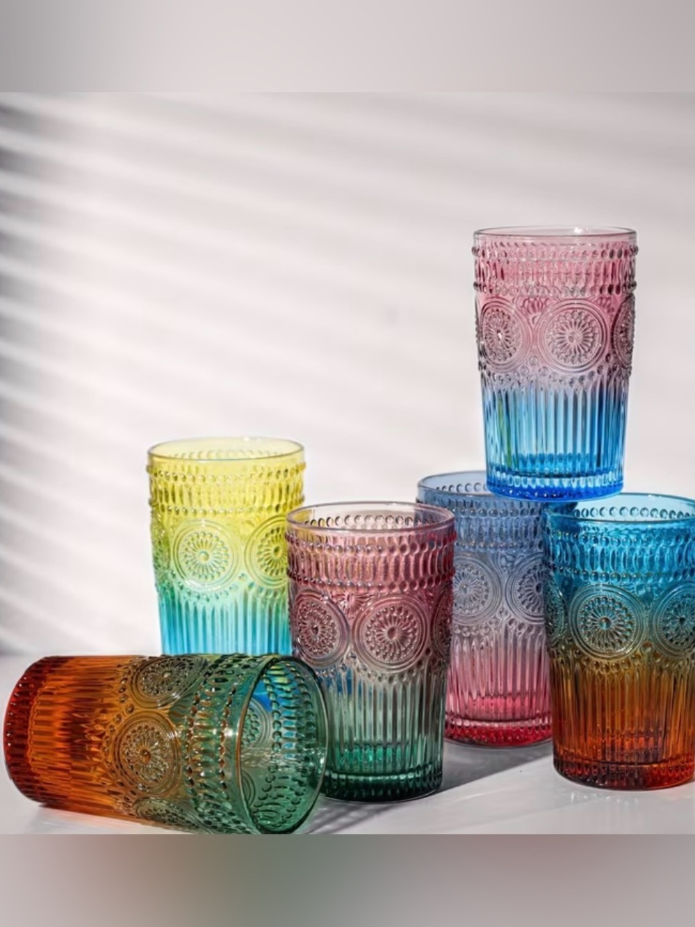 Multicolor gorgeous vintage style Embossed Glass Tumbler Set of three